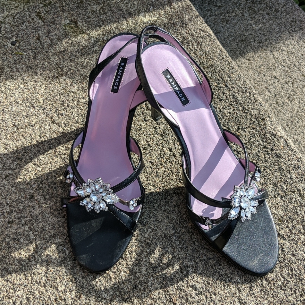 Black strappy heels with jewel